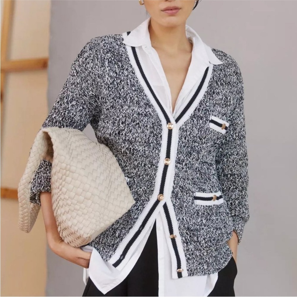 Anthropologie Maeve Tweed Boyfriend Cardigan V-Neck Black White Size M